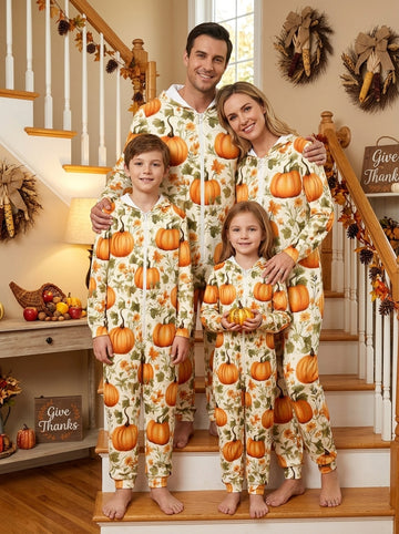 Classic Orange Pumpkins and Vines Print Hooded Romper Autumn Fall Festival Family Pajamas