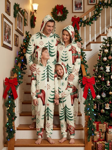 Nordic Dala Horse and Christmas Trees Print Hooded Zip-Up Onesie Holiday Family Sleepwear