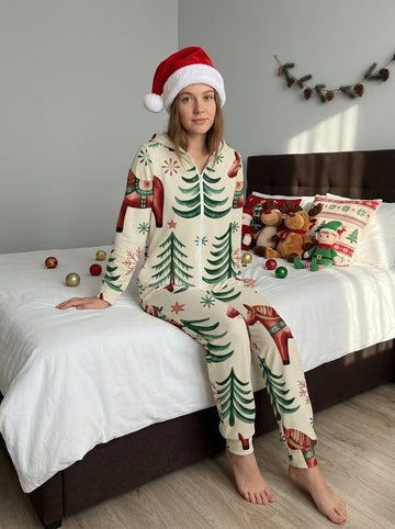 Nordic Dala Horse and Christmas Trees Print Hooded Zip-Up Onesie Holiday Women Sleepwear