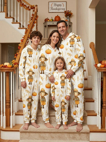 Cute Scarecrow and Small Pumpkins Pattern Hooded Jumpsuit Thanksgiving Holiday Sleepwear