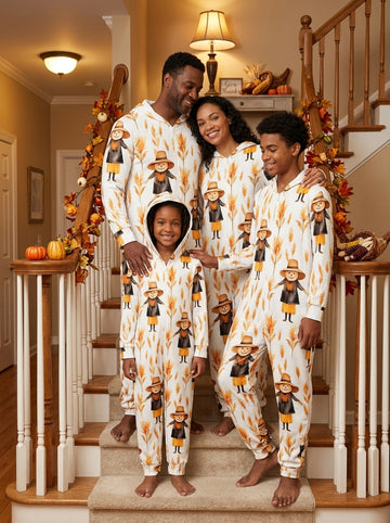 Kids Thanksgiving Scarecrow and Wheat Print Hooded Romper Fall Harvest Festival Onesie Pajamas
