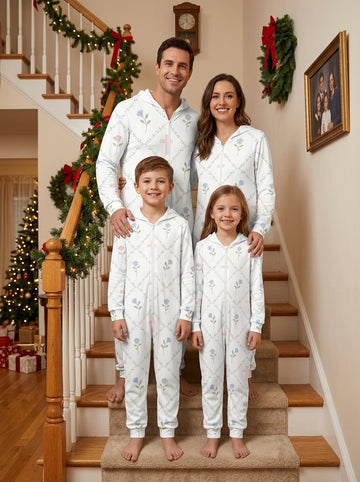 Pastel Floral and Christian Crosses Pattern Print Hooded Family Holiday Sleepwear