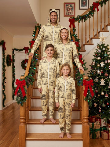 Vintage Sketch Nativity Stable and Starry Night Print Hooded Family Jumpsuit