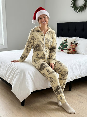Vintage Sketch Nativity Stable and Starry Night Print Hooded Women Jumpsuit