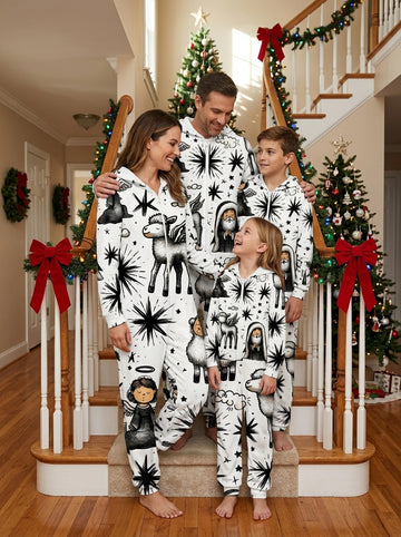 Bethlehem Starry Night with Angels and Lambs Print Hooded Family Pyjamas
