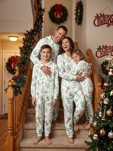 Watercolor Greenery Leaves and Wooden Crosses Pattern Print Hooded Family Jumpsuit