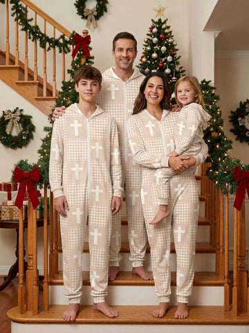 Neutral Beige Gingham Check and White Faith Crosses Print Hooded Family Sleepwear