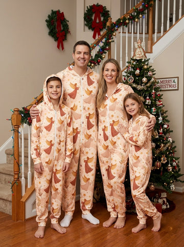 Vintage Pastel Christmas Angels and Starry Night Print Hooded Family Jumpsuit
