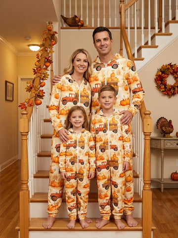 Family Matching Vintage Pumpkin Truck Print Full-Zip Hooded Jumpsuit Fall Holiday Sleepwear