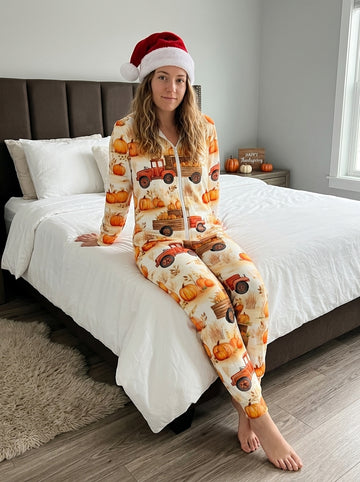Women Matching Vintage Pumpkin Truck Print Full-Zip Hooded Jumpsuit Fall Holiday Sleepwear