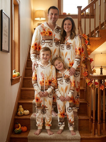 Autumn Sunflower Harvest Wagon Print Hooded Zip-Up Onesie Cozy Thanksgiving Loungewear