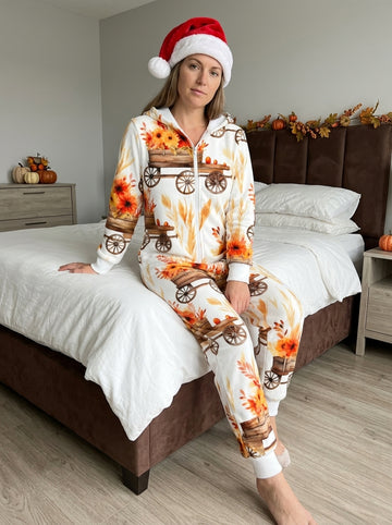 Autumn Sunflower Harvest Wagon Print Hooded Women Zip-Up Onesie Cozy Thanksgiving Loungewear