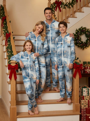 Winter Snow Scenery and Glowing Lights Print Hooded Jumpsuit Cozy Christmas Pajamas