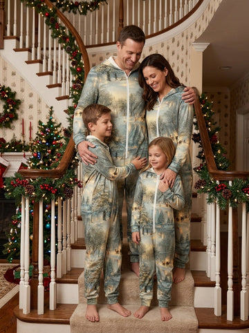 Vintage Snowy Winter Forest and Lanterns Print Hooded Zip-Up Onesie Holiday Loungewear