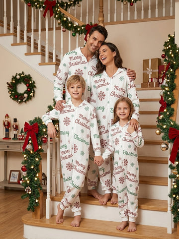 Merry Christmas Typography and Snowflakes Print Hooded Romper Family Matching Pajamas