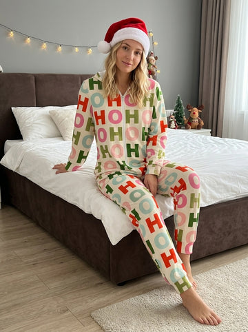 Colorful Retro Ho Ho Ho Lettering Pattern Hooded Jumpsuit Festive Christmas Women Sleepwear