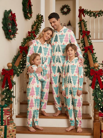 Pastel Pink and Teal Decorated Christmas Trees Print Hooded Romper Holiday Loungewear