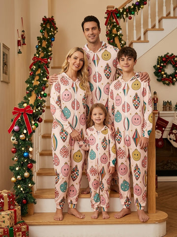 Retro Pastel Christmas Ornaments and Smiley Faces Print Hooded Romper Holiday Sleepwear