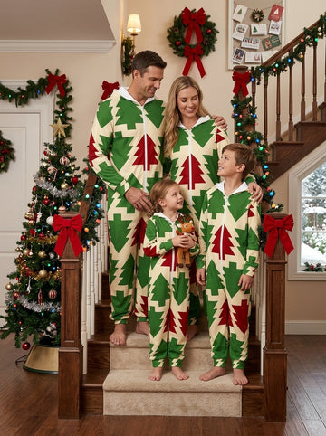 Retro Geometric Christmas Trees Pattern Full-Zip Hooded Onesie Family Pajamas