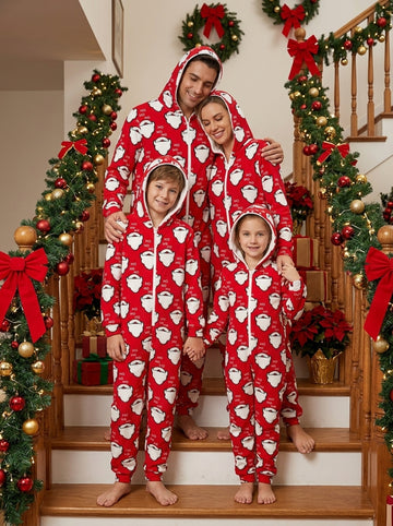 Santa Claus Beard and Ho Ho Ho Red Print Hooded Jumpsuit Christmas Holiday Sleepwear