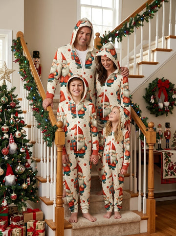 Vintage Christmas Gnomes with Gifts Pattern Hooded Jumpsuit Matching Family Pajamas