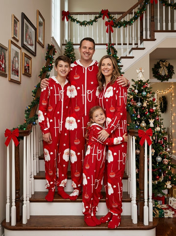 Santa Claus Face and Ho Ho Ho Red Print Zip Hooded Onesie Family Christmas Pajamas