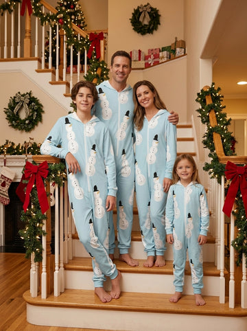 Light Blue Snowman with Top Hat Pattern Hooded Jumpsuit Matching Family Pajamas