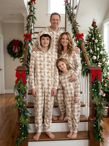 Neutral Buffalo Plaid Reindeer Print Full-Zip Hooded Romper Cozy Family Christmas Sleepwear