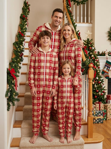 Red Buffalo Plaid and White Stars Print Hooded Onesie Festive Christmas Family Pajamas