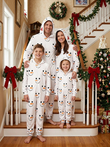 Cute Smiling Snowman Face Pattern Full-Zip Hooded Romper Family Christmas Pajamas