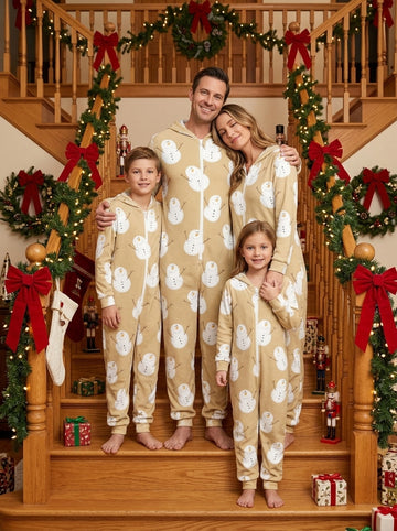 Beige Winter Snowman Print Full-Zip Hooded Onesie Matching Family Pajamas