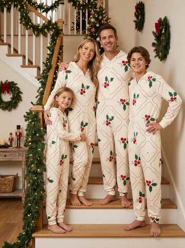Elegance Christmas Holly Berries Grid Pattern Hooded Jumpsuit Family Christmas Pajamas