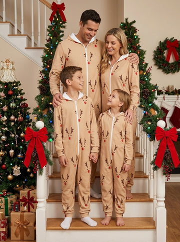Beige Reindeer Face with Red Nose Print Hooded Romper Matching Family Pajamas