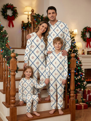 Nordic Lattice Snowflake Grid Pattern Zip-Up Hooded Onesie Family Christmas Pajamas