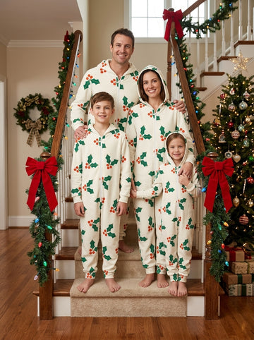 Cream White Holly Leaf and Red Berries Print Hooded Jumpsuit Matching Family Pajamas