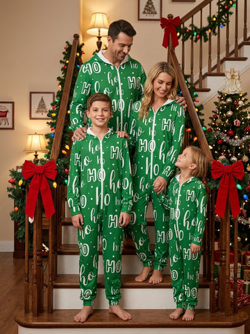 Forest Green Ho Ho Ho Typography Print Full-Zip Hooded Onesie Christmas Family Pajamas