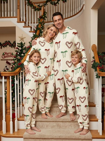 Cream White Candy Cane Hearts and Bows Pattern Hooded Jumpsuit Festive Christmas Sleepwear