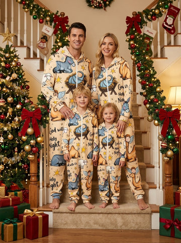 Holy Night Nativity Animals and Wise Men Print Hooded Family Matching Jumpsuit