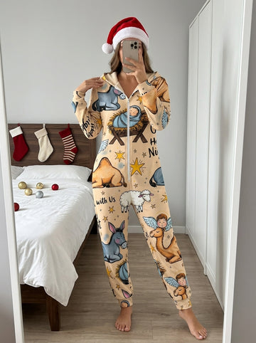 Holy Night Nativity Animals and Wise Men Print Hooded Women Matching Jumpsuit