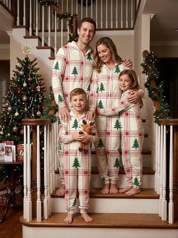 Pink and Green Plaid with Christmas Trees Print Hooded Romper Holiday Loungewear