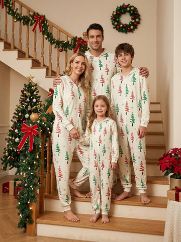 Happy Lettering and Christmas Trees Print Full-Zip Hooded Onesie Family Sleepwear