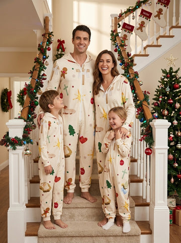 Festive Gingerbread, Christian Crosses, and Star Print Hooded Family Sleepwear Jumpsuit