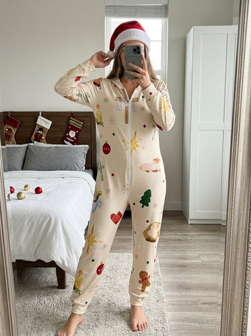 Festive Gingerbread, Christian Crosses, and Star Print Hooded Women Sleepwear Jumpsuit
