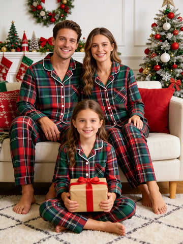 Classic Red & Green Colorblock Tartan Plaid Family Christmas Pajamas - Button-Down Sleep Set