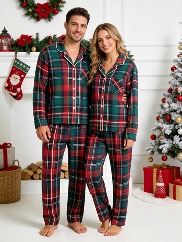 Classic Red & Green Colorblock Tartan Plaid Couple Christmas Pajamas - Button-Down Sleep Set