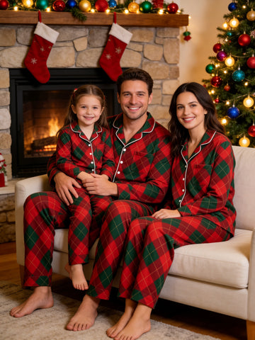 Matching Family Christmas Pajamas - Red & Green Argyle Diamond Plaid Button-Down Sleep Set