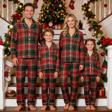 Family Matching Christmas Pajamas Set Two-Piece Long Sleeve Button-Down Sleepwear with Classic Red & Green Plaid Print