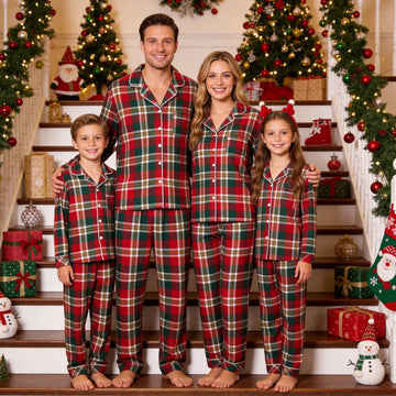 Family Matching Christmas Pajamas Set Two-Piece Long Sleeve Button-Down Sleepwear with Holiday Red Green Plaid Print