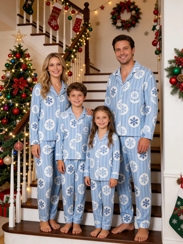 Family Matching Christmas Pajamas Set Two-Piece Long Sleeve Button-Down Sleepwear with Winter Snowflake Stripe Print