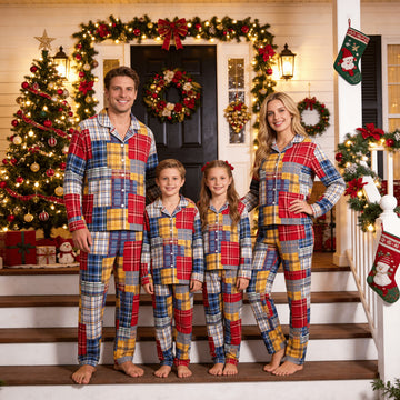 Family Matching Christmas Pajamas Set Two-Piece Long Sleeve Button-Down Sleepwear with Patchwork Plaid Block Print